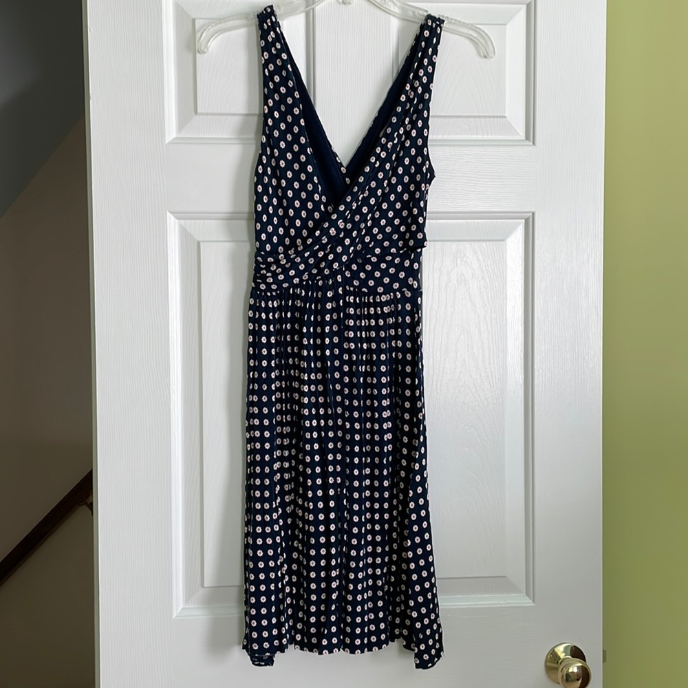 LOFT Navy and White Polka Dot Midi Dress